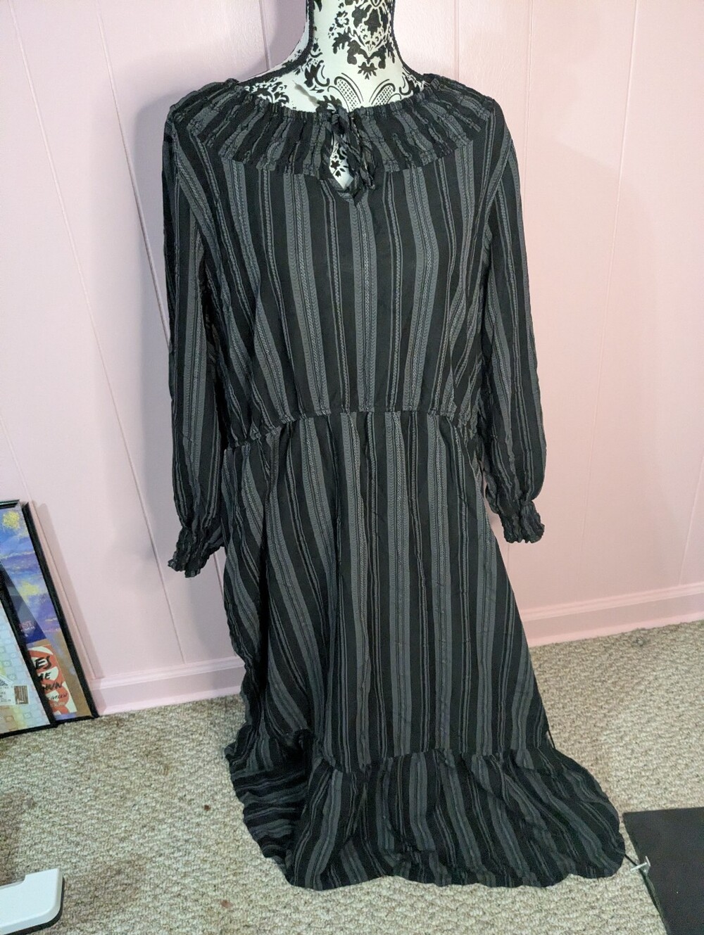gray and black striped dress with pockets